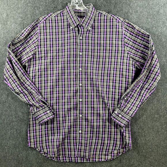 Peter Millar Shirt Mens Large Purple Plaid 100% Cotton Button Down Casual Pocket - Picture 1 of 10